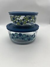 2 PYREX Glass Food Storage Bowls Turquoise Blue Polka Dot Design Lids 4 & 7 Cup picture