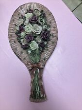 Vintage hand held mirror pink with ceramic flowers and ribbon picture