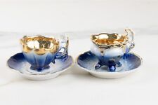 2 Set VTG miniature Victorian Flow Blue Porcelain Cup w/Saucer Gold Interior picture