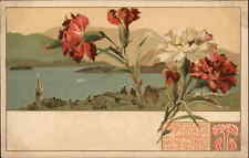 L'Aveno Lago Maggiore Floral Border Art Nouveau Fine Lithograph c1900s Postcard picture