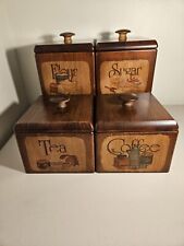 Vintage 4 Wooden Canister Set, Flour, Sugar, Tea, & Coffee, W/Lids &Liners picture