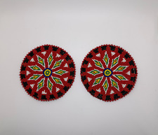 Beaded Rosettes 5 Inch Diamond Pattern Red and Black With Leather Back Set of 2 picture