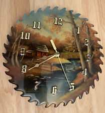 Vintage Wood Saw Blade Clock Hand Painted Barn Scene SIGNED Needs New Mechanism picture
