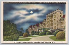 Postcard Night Scene of Appalachian Hall, Asheville, North Carolina Vintage picture