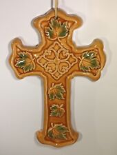 Vtg. Ceramic Glaze Handpaint Relief Design 3D Wall Hang Cross picture