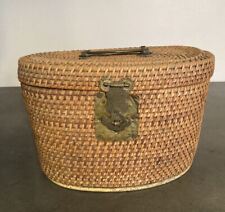 Antique Chinese Rose Medallion Tea Set In Wicker Travel Basket w/ Brass Hardware picture