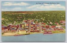 Aerial View Downtown Burlington Iowa Mississippi River Linen Postcard Unposted picture