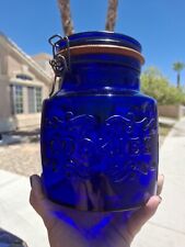 Cobalt Blue CANISTER Glass 1979 Made in Italy 2 Quart Cookie Jar Hinge Lid picture