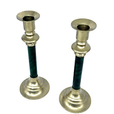 Set of 2 Vintage Retro Brass Candlesticks Green Faux Marble Taiwan CLEAN picture