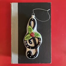 Vintage Glass Music Note Holly Berry Black White Glitter Christmas Ornament picture
