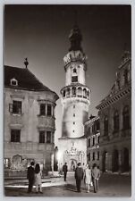 Sopron Hungary, Fire Tower at Night, Vintage RPPC Real Photo Postcard picture