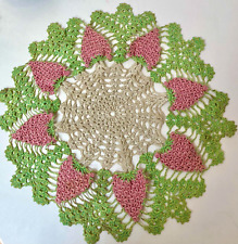 Large Antique Scalloped Crocheted Pink And Green Strawberry Doily. Circa 1930’s. picture