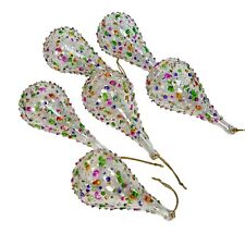 Vintage Handblown Glass Christmas Ornament Hand Painted Tear Drops Set Of 6 Pear picture