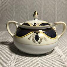 Noritake Sugar Bowl Blue White Gold Yellow Vintage China Double Handled Lidded picture