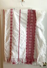 Vintage Embroidered Tablecloth Red/Raspberry On White 50” X 62” Plus Fringe picture
