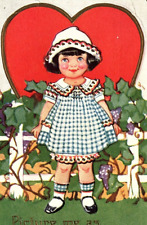 c1915 VALENTINE GIRL GINGHAM DRESS HEART FLOWERS EMBOSSED POSTCARD 46-11 picture