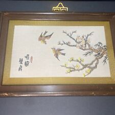 vintage oriental asian shell art Birds with tree made of tiny shells On Silk picture