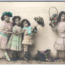 c1900s Adorable Little Flower Girls RPPC Hand Colored Cute Real Photo PC A136 picture