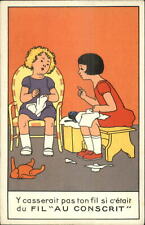 Art Deco Little Girls Sewing - Thread Adv? FIL AU CONSCRIT c1920s Postcard picture