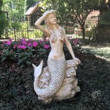 Mermaid Statue Antique White Sitting On Rock Pool Patio Home Garden Decor Gift picture