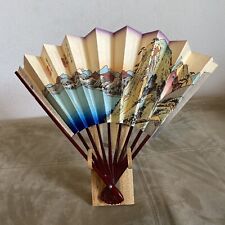 NIB Vintage Japanese Folding Fan With Wooden Display Stand picture