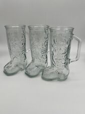 VINTAGE Collectible Glass Cowboy Beer Boot Fancy Design Drinking Mug 8” Set Of 3 picture
