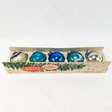 Vtg SHINY BRITE 5 Mercury Glass Ornaments & Box Blue Stenciled Fanci-Pak 2 1/4