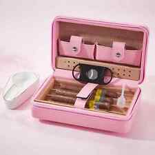 Travel Portable 4 Cigar Humidor Cedar Wood Humidity Box Pink Leather Cigars Case picture
