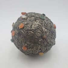 Vintage Handmade Metal Decorative Ball Orb | Polished Stone Accents | Persian? picture