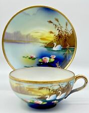 SUPERB ANTIQUE NIPPON SCENIC CUP & SAUCER; SWANS, MORIAGE, EGGSHELL PORCELAIN picture