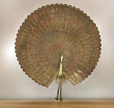 Vintage Brass Peacock Red Painted Detail Figure Decoration Full Fan MCM India picture