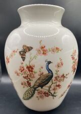 Vintage Ceramic Vase White Butterfly Peacock Glazed with Pink Flowers picture