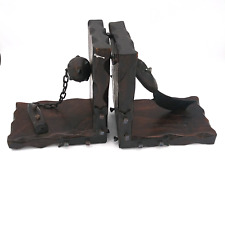 Vintage Pair Bookends Wood Medieval gothic Sword Machete Flail Ball Chain mace picture