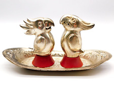 VINTAGE METAL SALT & PEPPER COCKATIEL BIRD SHAKERS WITH TRAY OCCUPIED JAPAN picture