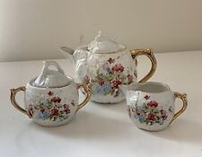 Unmarked RS Prussian Porcelain Teapot Creamer Sugar Bowl Gold Trim Floral picture