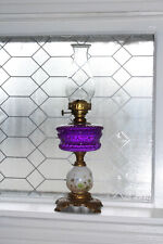 Antique 1800s Victorian Oil Lamp Hand Painted Glass Font & Metal Base picture