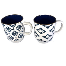 Boston Warehouse Set of 2 Blue Print on White Stackable Coffee Mugs picture