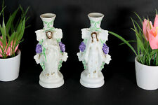 Antique pair religious porcelain candle holder vases joseph mary saint figurine picture