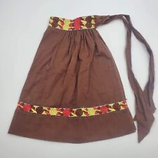 Vintage Brown Red Embroidered Floral Half Apron Retro Linen picture