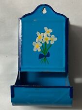 Vintage Antique Kitchen Tin Match Box Holder Wall Mount Blue Floral Design picture