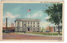 Postcard City Hall Building Racine Wisconsin Old Cars 1935 Linen Unposted Teich picture