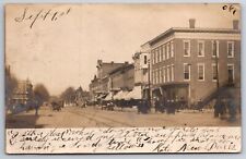 Goshen Indiana~Main Street~Sidesteps to Bldg w/Fancy Bay Windows~RR Tracks RPPC picture