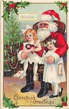 Christmas Greetings Santa Claus Girls Toys Tree c1910 Postcard picture