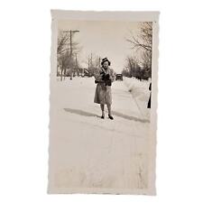 Vtg B&W Photo 1942 Found Pretty Young Woman in Snow with Camera Vehicle Snapshot picture