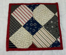 Antique Patchwork Quilt Table Topper, Early Calicos, Four Patch, Navy, Red Multi picture