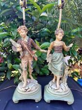 Old Vintage Pair of Two 2 Figural Tole French Couple Statues Lamps Spelter Metal picture
