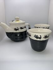 Kyusu Japanese Tea Pot W/Screen Two Tea Cups New Black Cats Raku picture