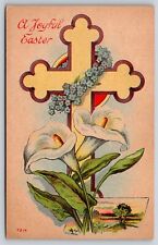 Holiday~A Joyful Easter~Cross W/ Flower Wreath & Calla Lilys~Vintage Postcard picture
