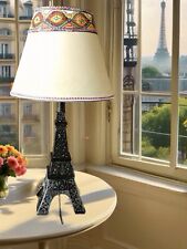 Vintage Eiffel Tower Black Metalwork Table Lamp & Shade Art Deco Rhinestone Trim picture