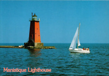 MANISTIQUE LIGHTHOUSE, MICHIGAN CONTINENTAL POSTCARD Sailboat Approaching picture